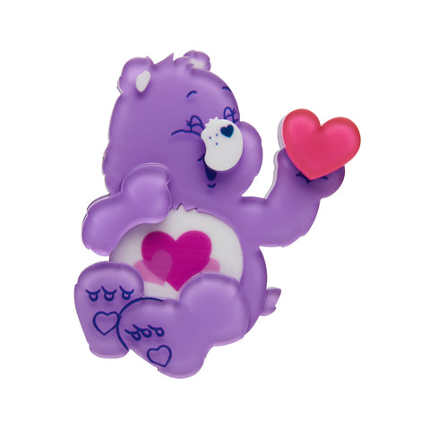 Care Bears Collection "Harmony Bear" purple bear holding pink heart layered resin brooch