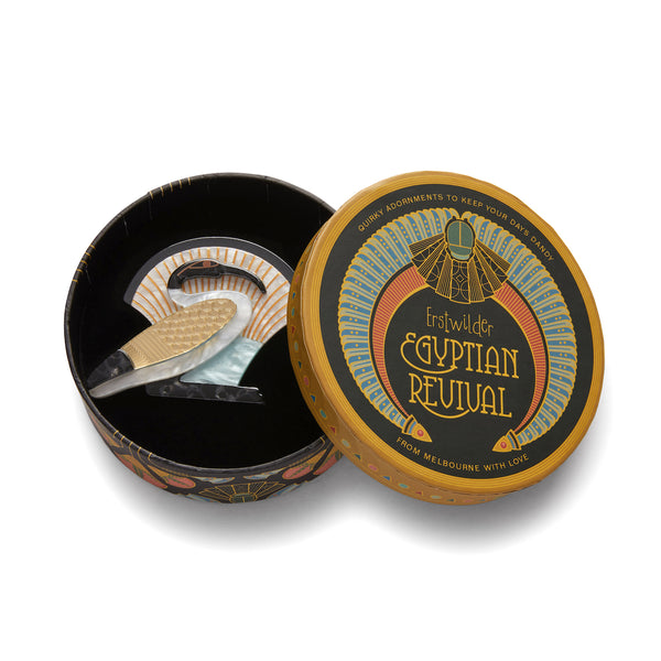 Egyptian Revival Collection "A Most Sacred Bird" Ibis layered resin brooch, shown in illustrated round box packaging