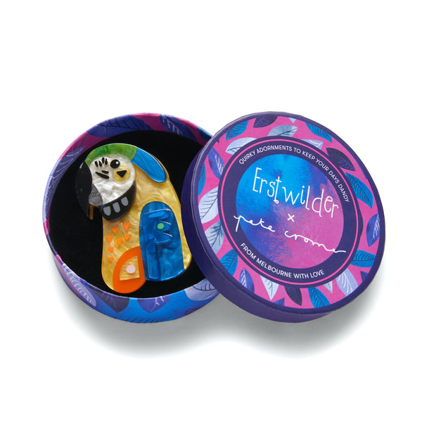 Pete Cromer x Erstwilder Wildlife Collaboration Collection "The Maverick Macaw" layered resin brooch, shown in illustrated round box packaging