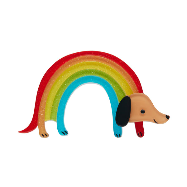 Fan Favourites release "Rainbow Ruff" rainbow arch bodied dog layered resin broooch
