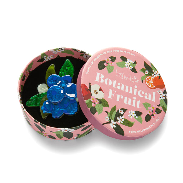 Botanical Fruit Collection "Blueberry Hill" layered resin brooch, shown in illustrated round box packaging