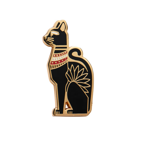 Egyptian Revival Collection "Bastet the Protector" enameled gold metal sitting black cat clutch back pin
