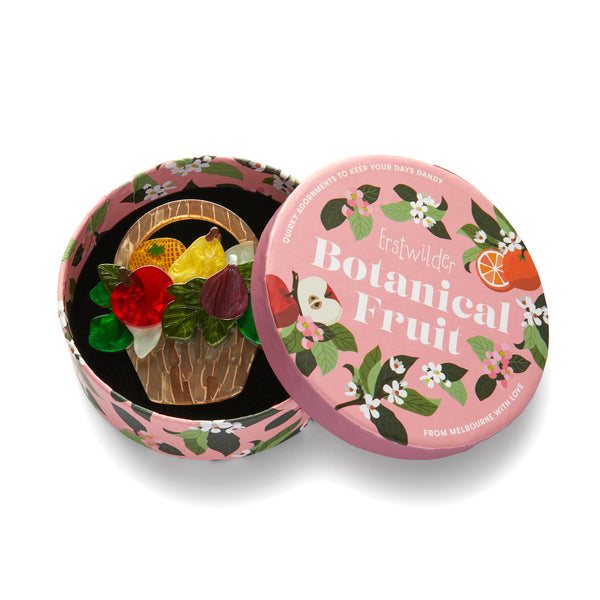 Botanical Fruit Collection "Picnic Party Starter" layered resin fruit filled basket brooch, shown in illustrated round box packaging