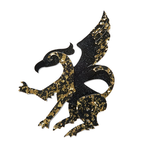 Fan Favourites release "Gabriel the Gryphon" black and gold glitter layered resin brooch