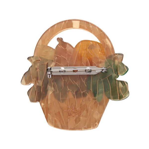 Botanical Fruit Collection "Picnic Party Starter" layered resin fruit filled basket brooch, showing back view