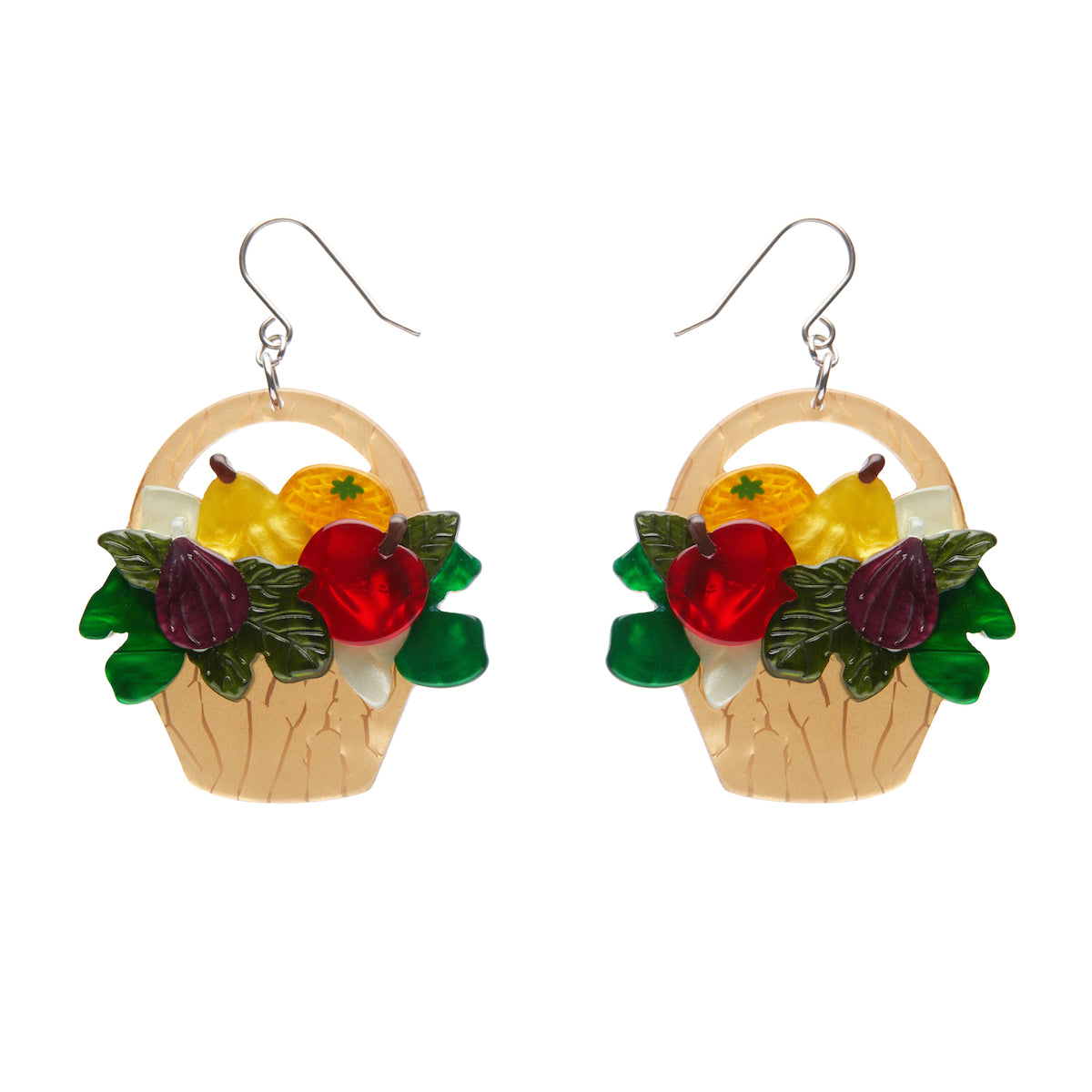 pair Botanical Fruit Collection "Picnic Party Starter" layered resin fruit-filled basket dangle earrings