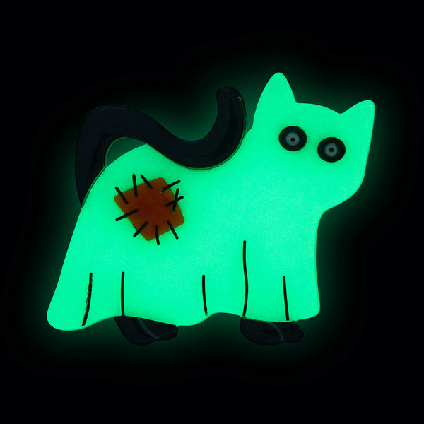 All Hallows' Eve collection "A Most Ghostly Kitty" glow-in-the-dark costumed black cat layered resin brooch, shown glowing