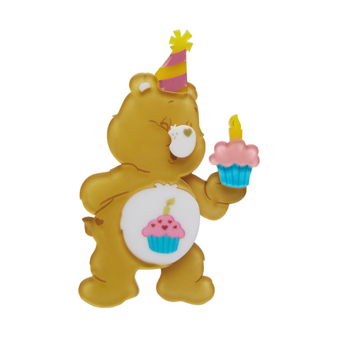 Care Bears Collection "Birthday Bear's Cake" bear in party hat holding cupcake layered resin brooch