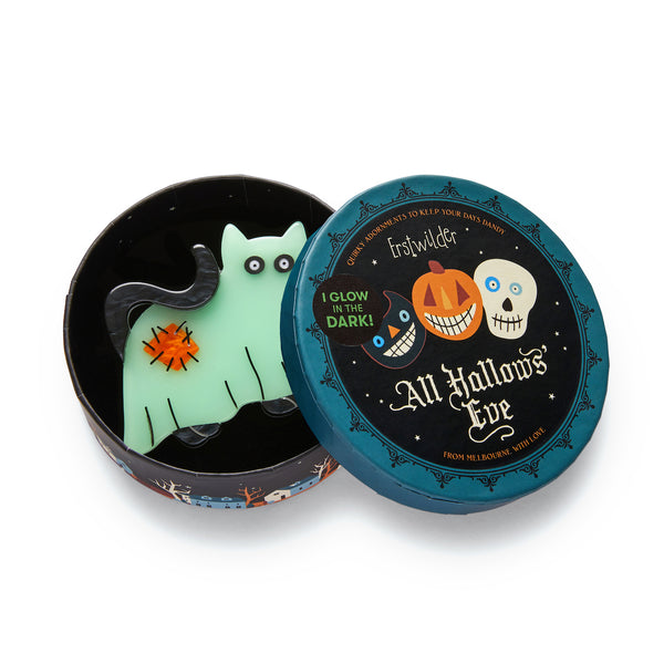 All Hallows' Eve collection "A Most Ghostly Kitty" glow-in-the-dark costumed black cat layered resin brooch, shown in illustrated round box packaging