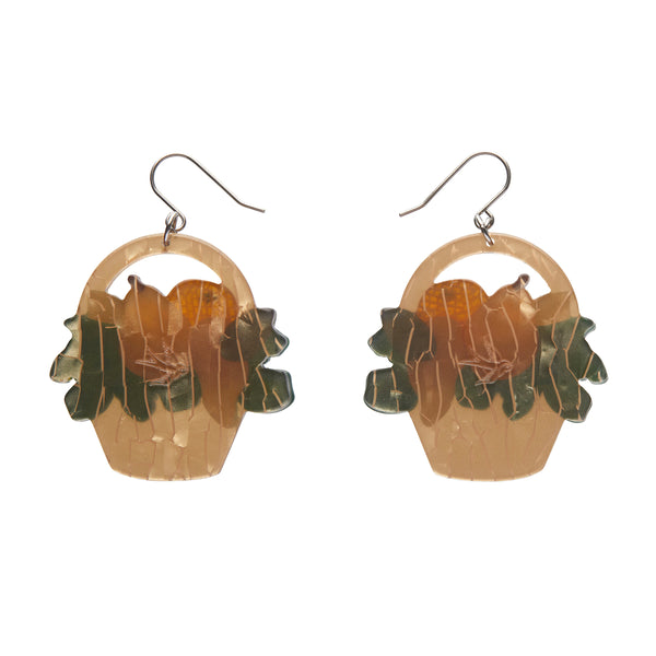 pair Botanical Fruit Collection "Picnic Party Starter" layered resin fruit-filled basket dangle earrings, showing back view