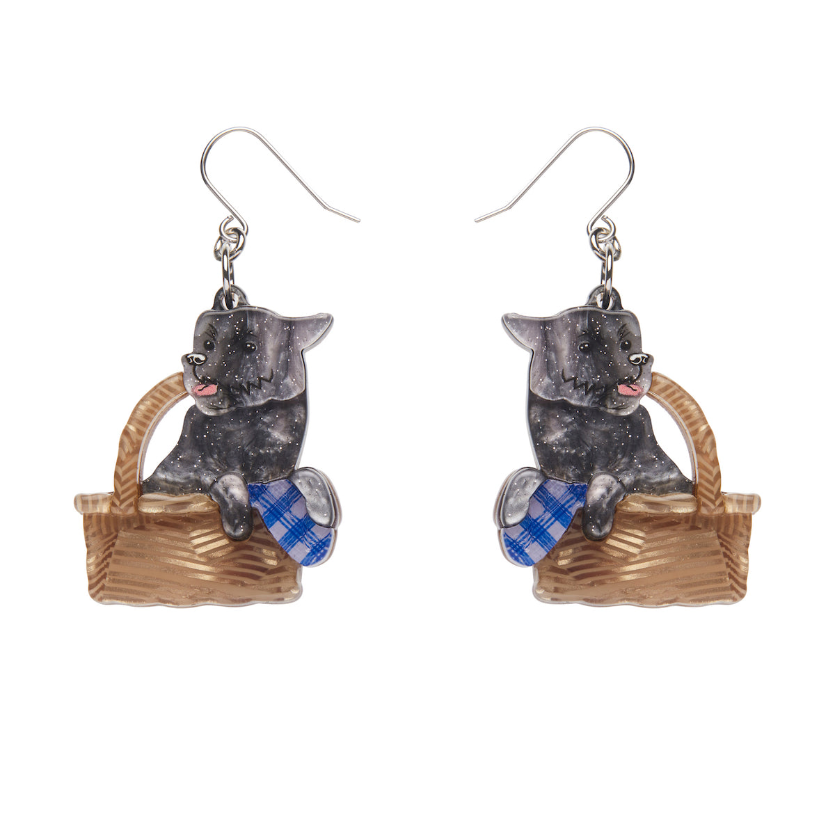 Wizard of Oz Collection "Toto" terrier in picnic basket layered resin dangle earrings