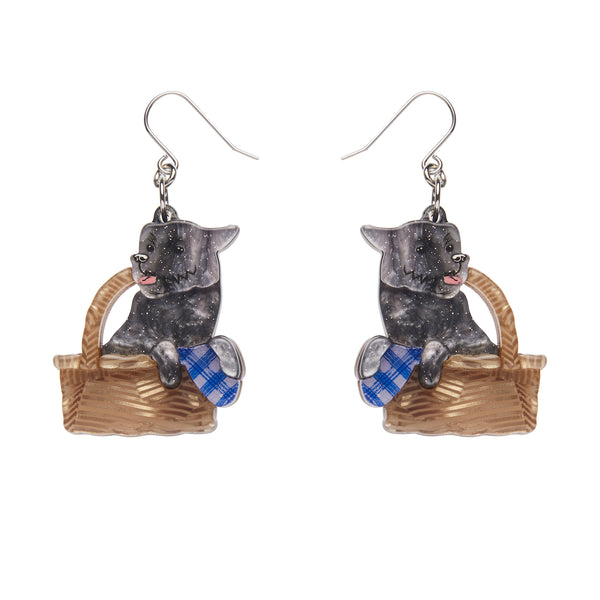 Wizard of Oz Collection "Toto" terrier in picnic basket layered resin dangle earrings