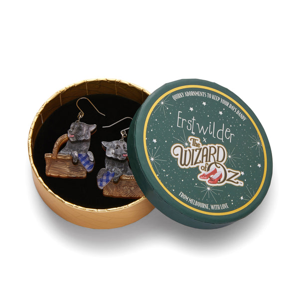 Wizard of Oz Collection "Toto" terrier in picnic basket layered resin dangle earrings, shown in illustrated round box packaging