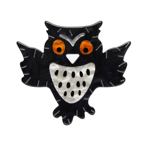 All Hallows' Eve collection "A Halloween Hoot" spooky black, white, and orange owl layered resin brooch
