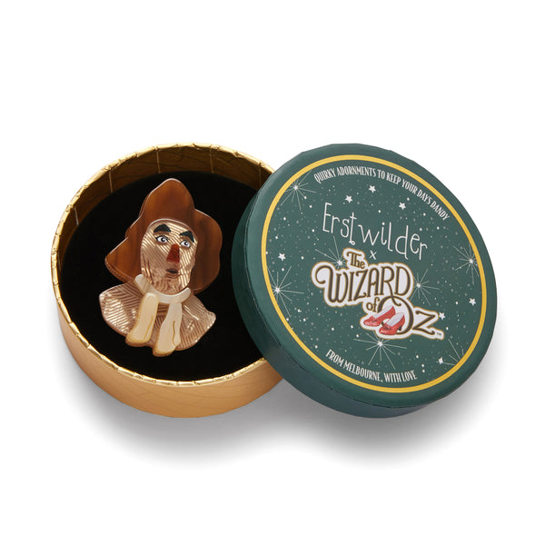 Wizard of Oz Collection "Scarecrow" portrait layered resin brooch, shown in illustrated round box packaging