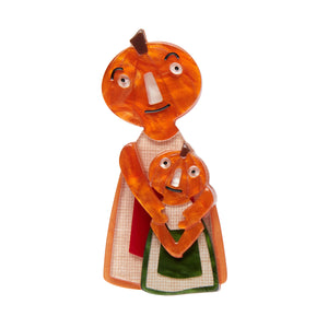All Hallows' Eve collection "The Pumpkin Family Affair" orange, cream, burgundy, and green pumpkin-headed mother and child layered resin brooch