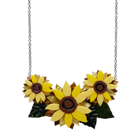 Fan Favourites release "Follow the Sun" layered resin trio of yellow sunflowers pendant on silver metal chain necklace