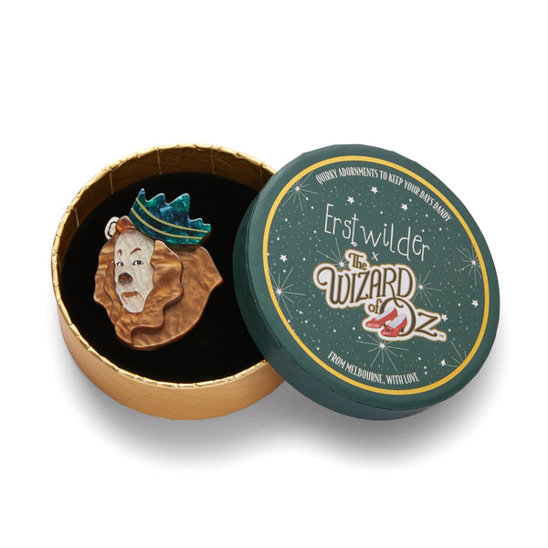Wizard of Oz Collection "Cowardly Lion" portrait layered resin brooch, shown in illustrated round box packaging