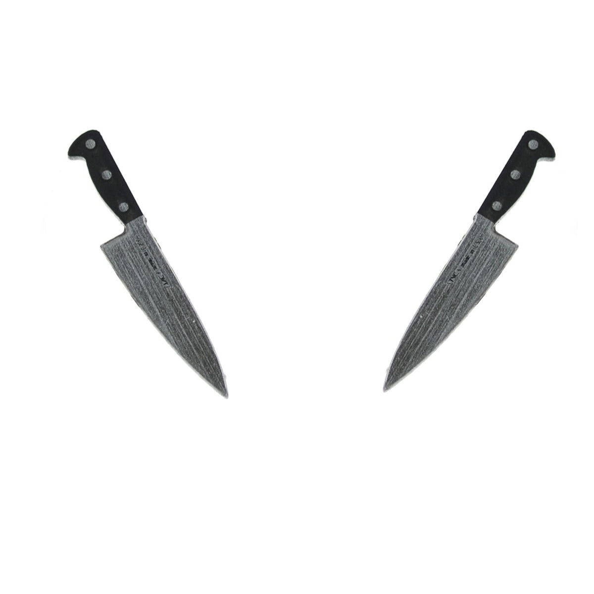 pair opposing 1 1/4" black metallic silver laser cut acrylic chef's knife post earrings