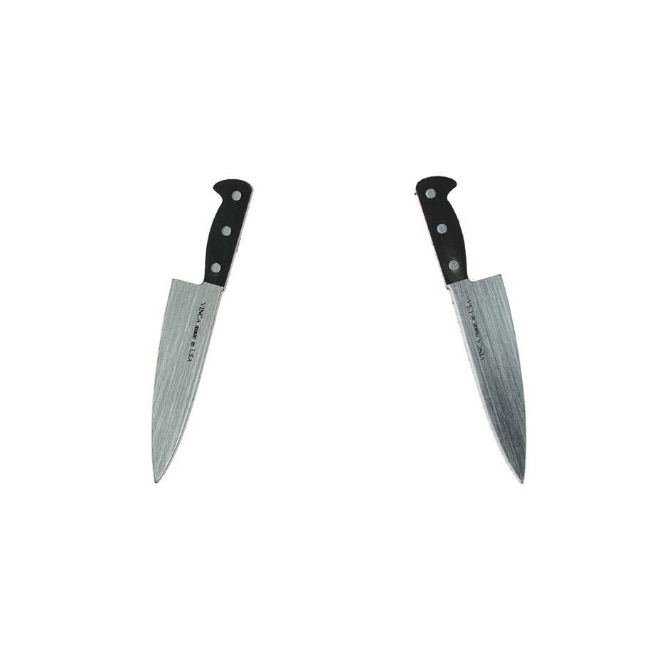 pair opposing black metallic silver laser cut acrylic chef's knife post earrings