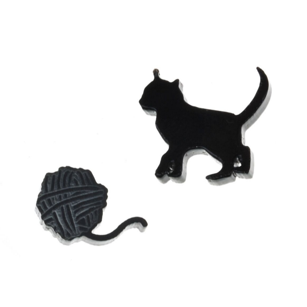 cat with ball of yarn black acrylic post earring set
