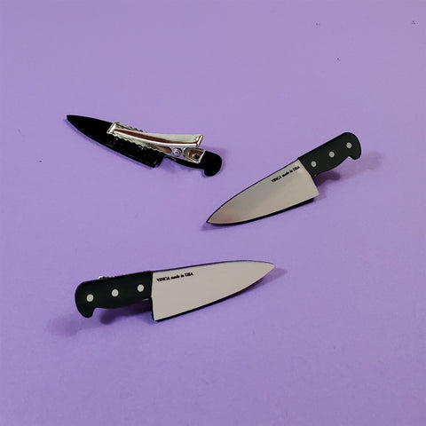 1 1/4" black and metallic silver acrylic Chef's Knife 1 3/8" gator hair clip barrette