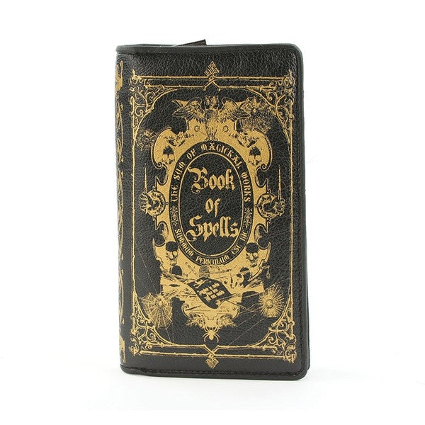 7.5" textured black with metallic gold print book-shaped "Book of Spells" wallet