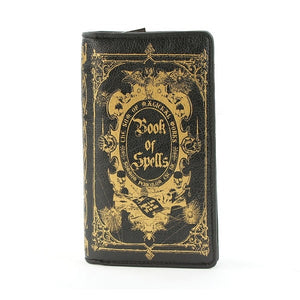 7.5" textured black with metallic gold print book-shaped "Book of Spells" wallet